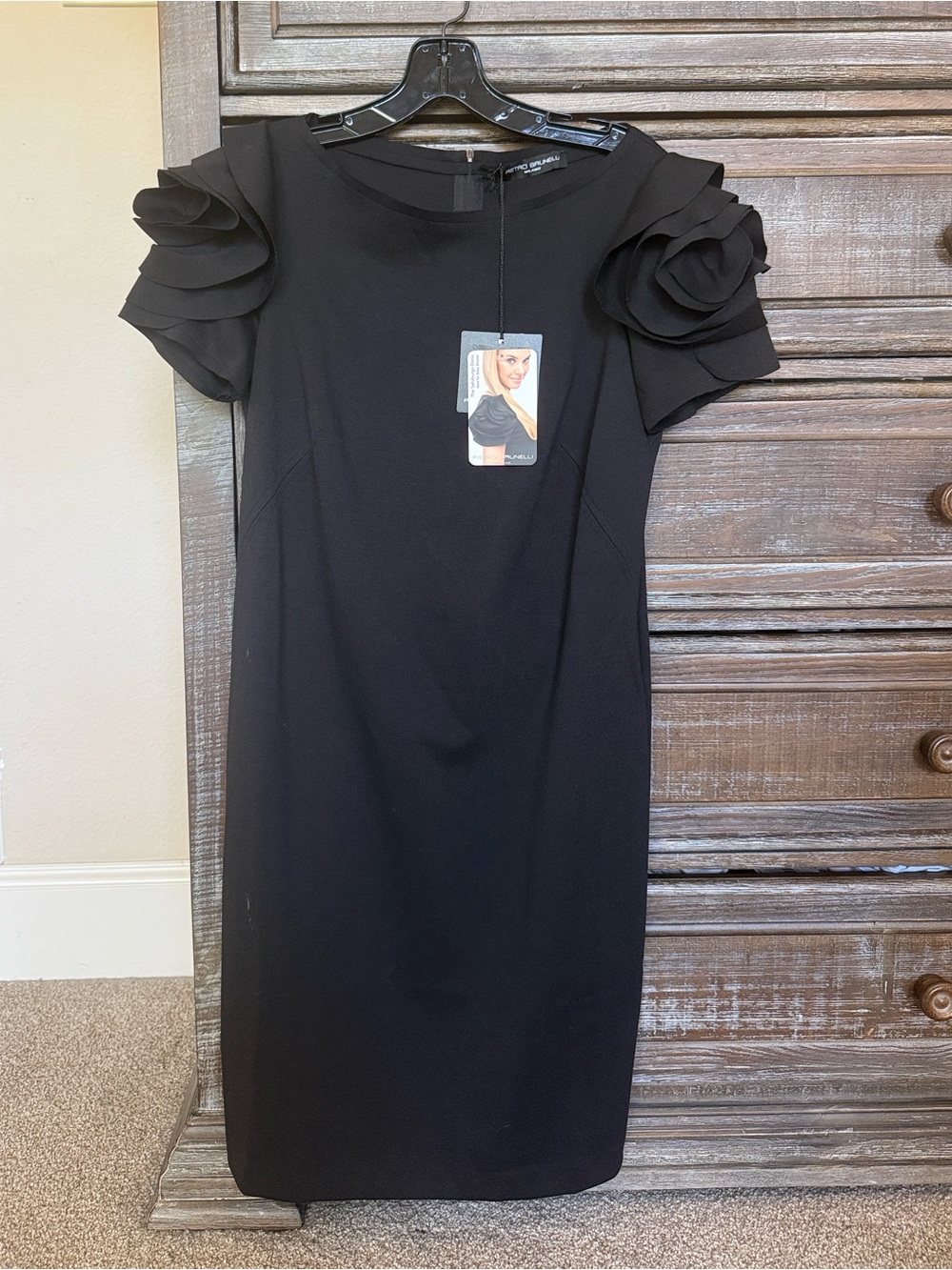 Pietro Brunelli Black Midi Sheath Dress with Layered Ruffle Sleeves